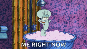 Squidward relaxing showing the importance of small bathroom ideas.