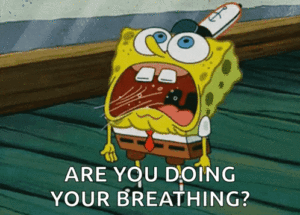 SpongeBob practicing deep breathing exercises with funny expression — a fun illustration showing breathing techniques, mindful breathing, and calming techniques for stress relief.
