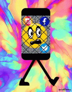 Illustration of a walking smartphone overloaded with social media notifications, symbolizing the need for a social media break and digital detox challenge.