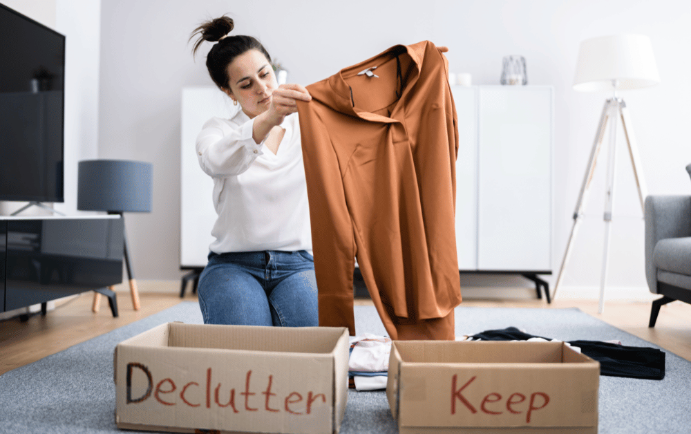 A woman folding clothes beside labeled boxes for 'declutter' and 'keep,' illustrating practical steps on how to declutter your home and stay organized.