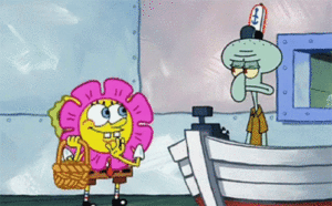 SpongeBob SquarePants joyfully throws flower petals from a bouquet of flowers into the air beside a grumpy Squidward.
