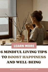 Woman drinking tea calmly by a window, reflecting mindful living tips.