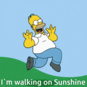 Homer running and dancing joyfully in the sun, enjoying the sunshine health benefits, with a dreamy, peaceful sunlight aesthetic and golden hour for holistic lifestyle and mental wellness.