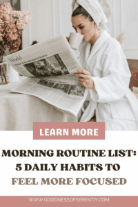 Woman sitting at a table reading a newspaper, incorporating her morning routine list into a calm start to the day.