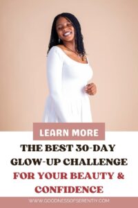 A woman smiling confidently while enjoying a 30-day glow-up challenge.