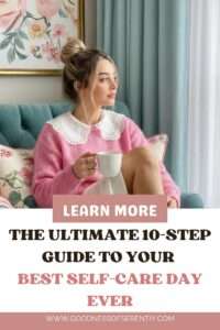 A woman enjoying her cup of tea as part of her self-care day at home.