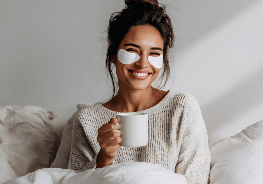 Woman wearing soothing eye masks, smiling and holding a warm beverage, enjoying a relaxing moment with her self care essentials.