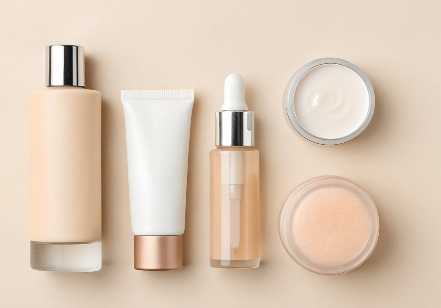 Aesthetic arrangement of beauty products on a soft neutral background, featuring foundation bottles, skincare jars, serums, and cosmetic containers in pastel and nude tones, creating a clean, minimal beauty products aesthetic.