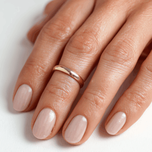 Elegant beige nails with a neutral, minimalist look, styled as chic Valentine’s Day nails.