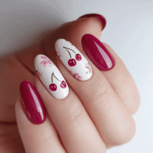 Nails decorated with cherry nail art stickers, featuring a playful, romantic design for Valentine’s Day nails.