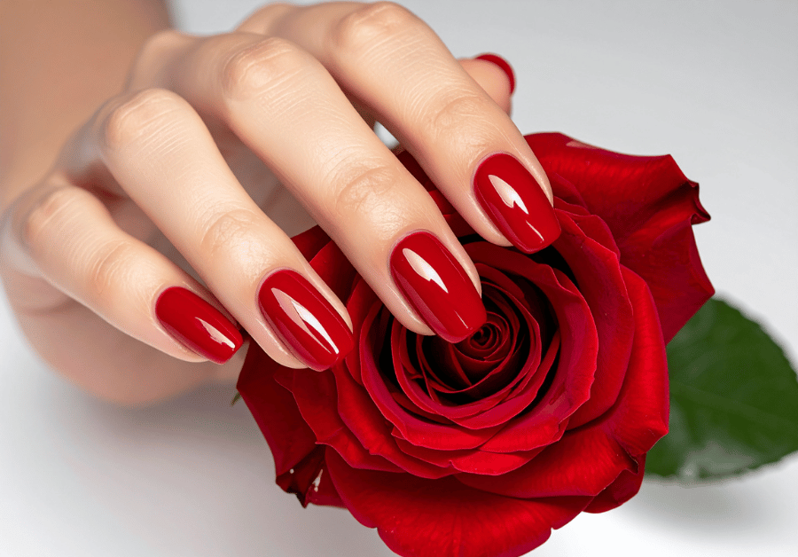 Red nails with a glossy finish holding a single red rose, styled for romantic Valentine’s nail ideas.