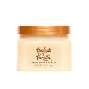 Tree Hut Vanilla Shea Sugar Exfoliating and Hydrating Body Scrub for glowing body skin, vanilla-scented body care, bath and body care, and at-home exfoliating treatment.