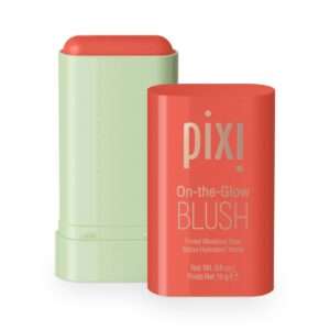 Pixi On-the-Glow Blush stick in peachy shade, cream blush makeup for a natural blush, soft glow, and fresh makeup looks.