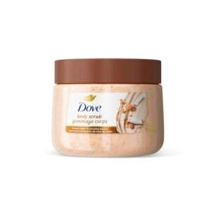 Dove Brown Sugar and Coconut Butter Body Scrub for glowing body skin, exfoliating at-home body care, vanilla and coconut scented bath and body care.