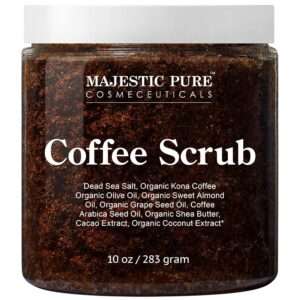 MAJESTIC PURE Arabica Coffee Scrub for glowing body skin, exfoliating body scrub at home, bath and body care, body care aesthetic, body scrub exfoliation.