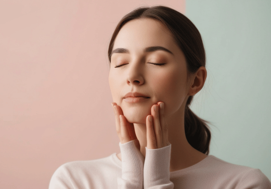 Woman sitting peacefully with a calm expression, practicing mindfulness and relaxation, styled for wellness routine tips.