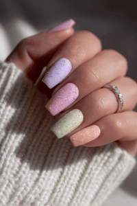 Pastel nails in soft spring colors showcasing fresh spring nail ideas.