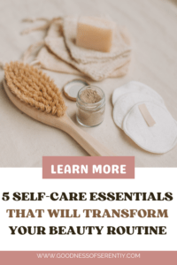Self-care essentials arranged neatly on a soft neutral background: a natural wood dry brush with firm bristles, a stack of white cotton pads, and an exfoliating body scrub in a small jar, creating a clean and calming spa-like atmosphere.
