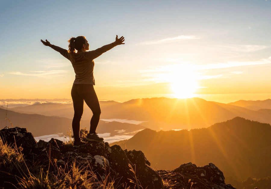 Woman standing on a mountain top with arms wide open, symbolizing self motivation tips and personal growth.