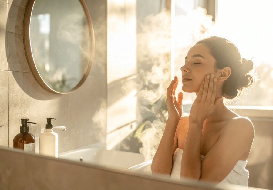 a woman enjoying a calm morning skincare routine in the bathroom, applying skincare products for healthy, glowing skin and a refreshed self-care ritual.