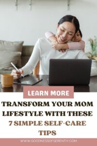 A busy working mom working while being hugged by her daughter representing the need for mom lifestyle balance and the need for self-care tips.